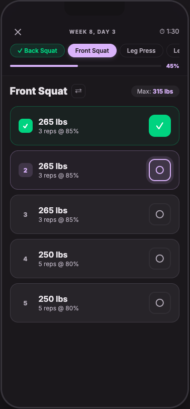 Active workout: Front Squat sets of 265 lbs for 3 reps at 85%